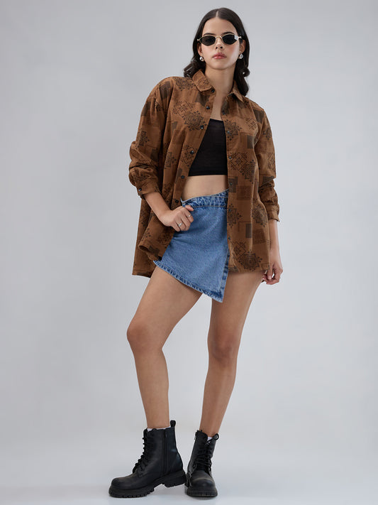Brown Paisley Printed Corduroy Oversized Shirt