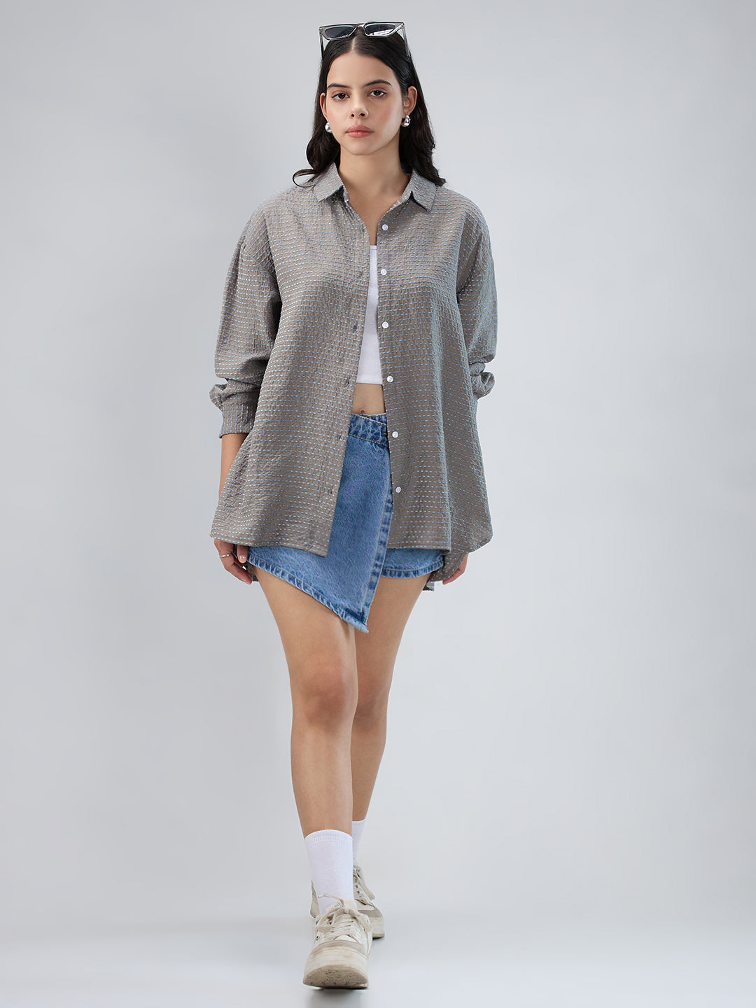 Grey & Blue Dotted Jacquard Oversized Shirt