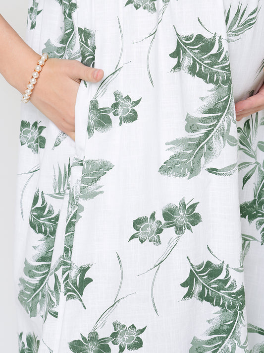White & Olive Tropical Printed Maternity Dress