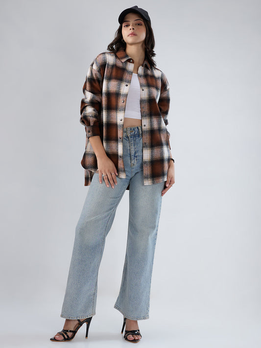 Brown & Beige Checkered Oversized Flannel Shirt
