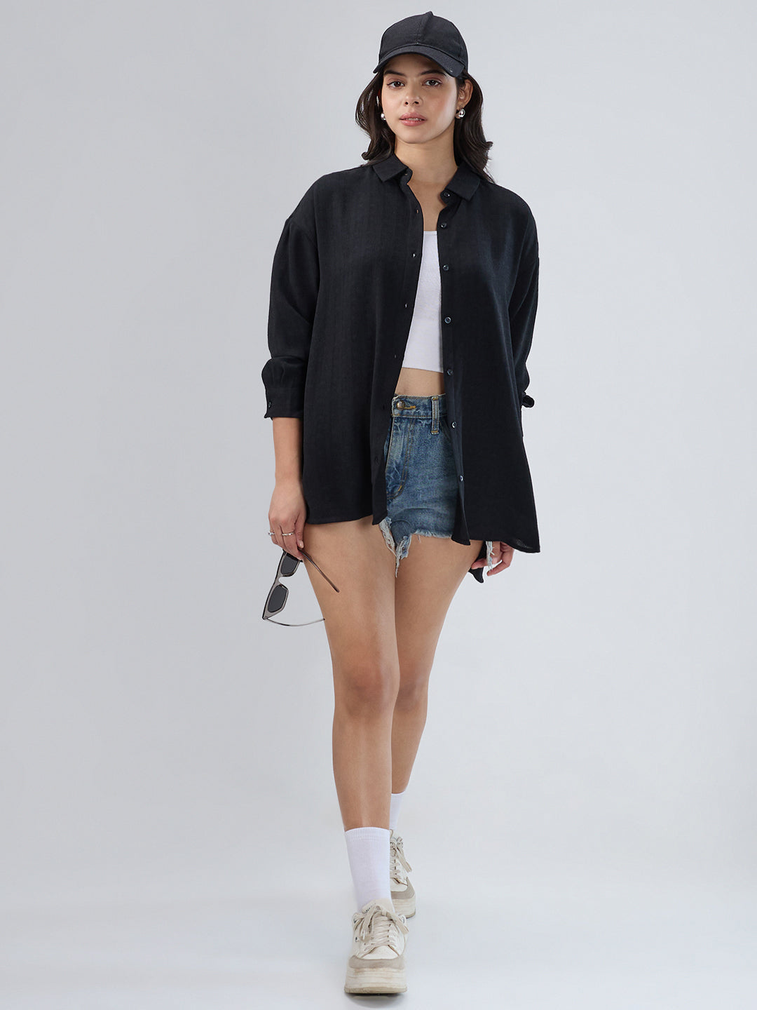 Classy Black Textured Oversized Shirt