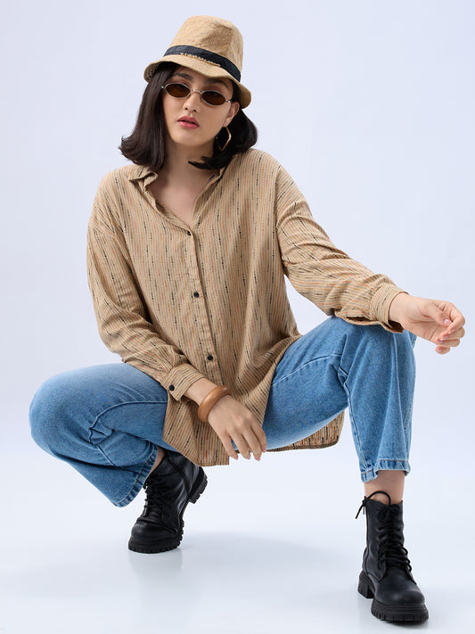 Tan Brown Dobby Oversized Shirt