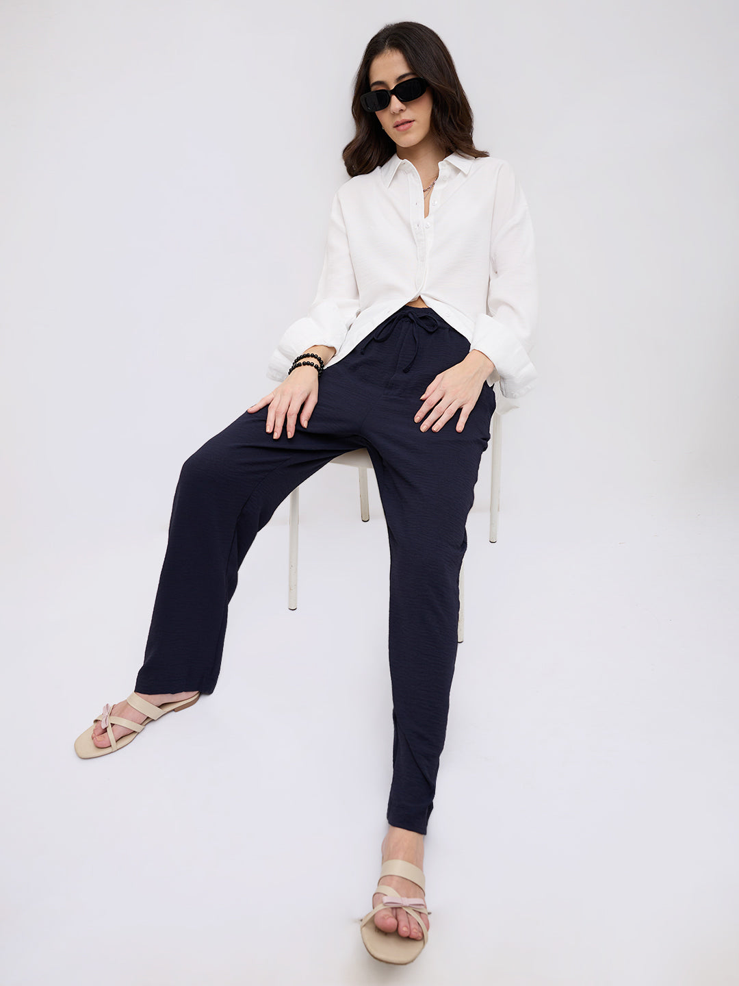Luxe Midnight Navy Crinkled Straight Fit Trousers