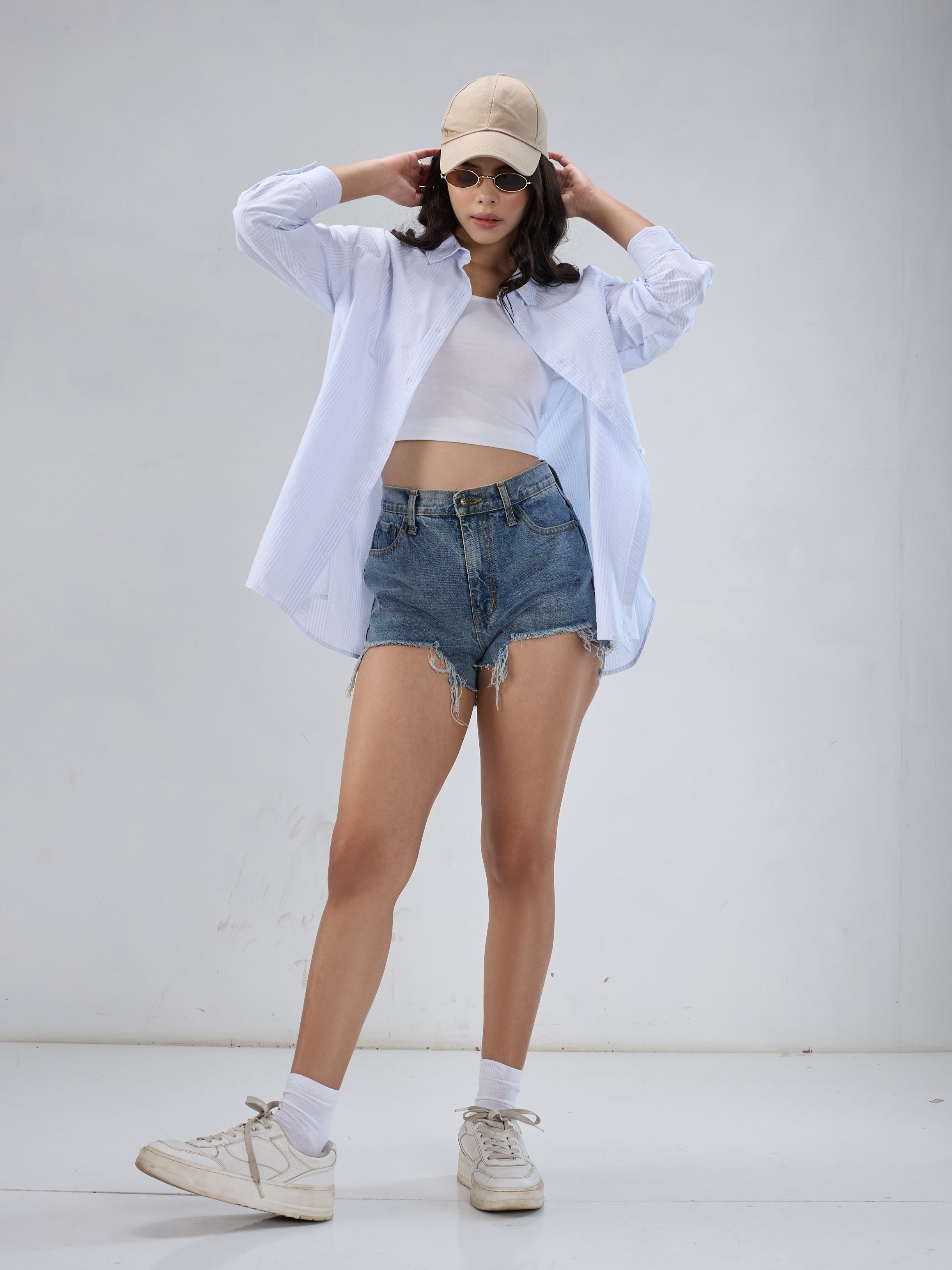 White & Blue Pin Striped Seersucker Oversized Shirt