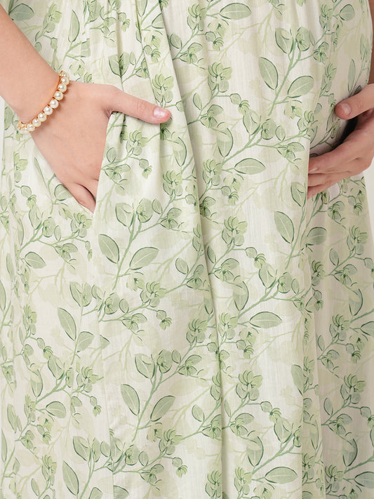 White & Green Leafy Printed Maternity Dress