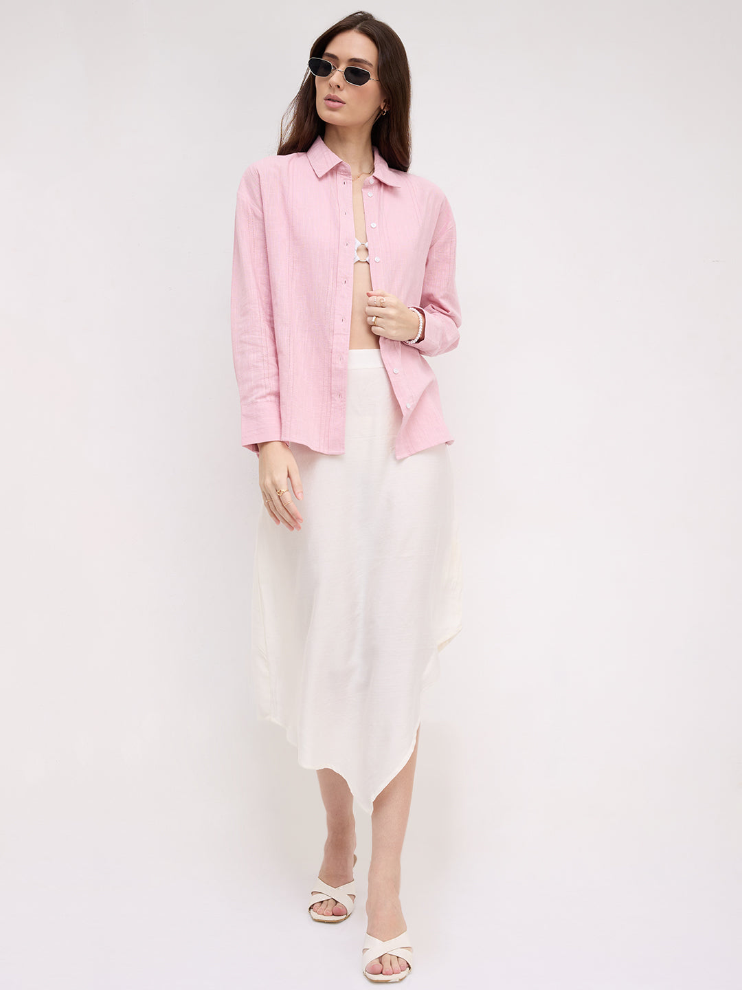 Soft Pink Air Striped Textured Overszsized Shirt
