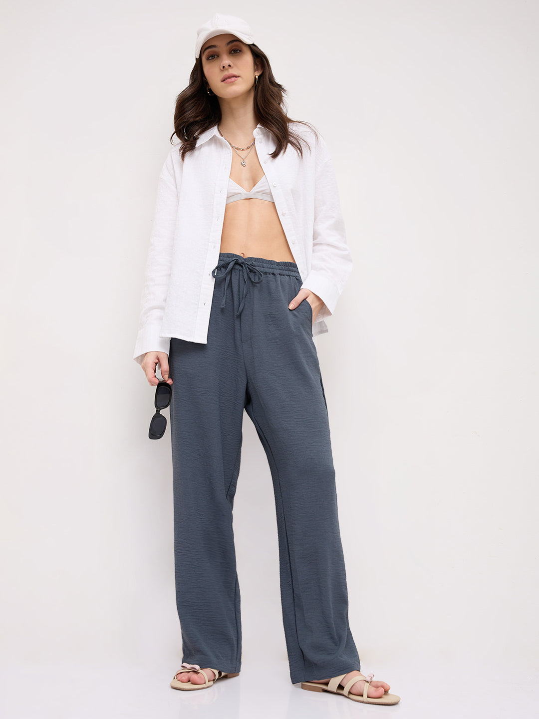 Plush Grey Crinkled Straight Fit Trousers