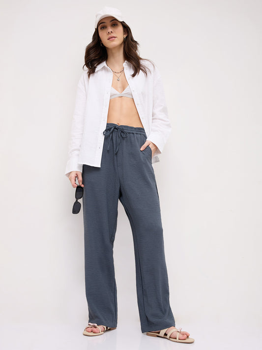 Plush Grey Crinkled Straight Fit Trousers