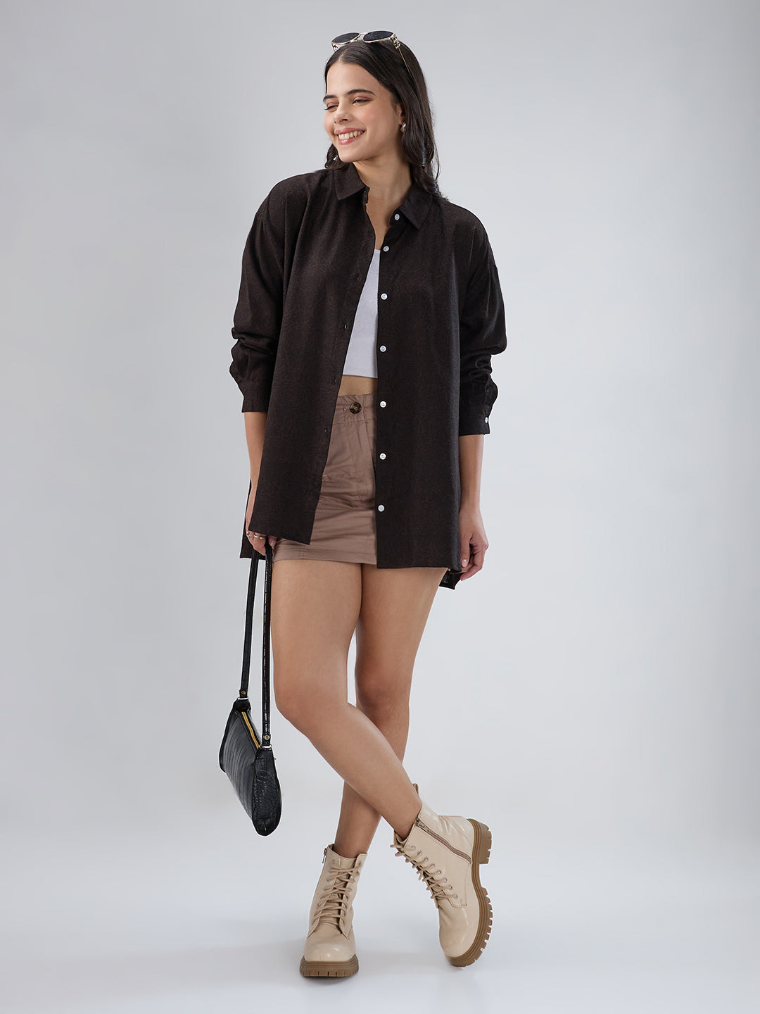 Bistre Brown Artistic Printed Oversized Shirt