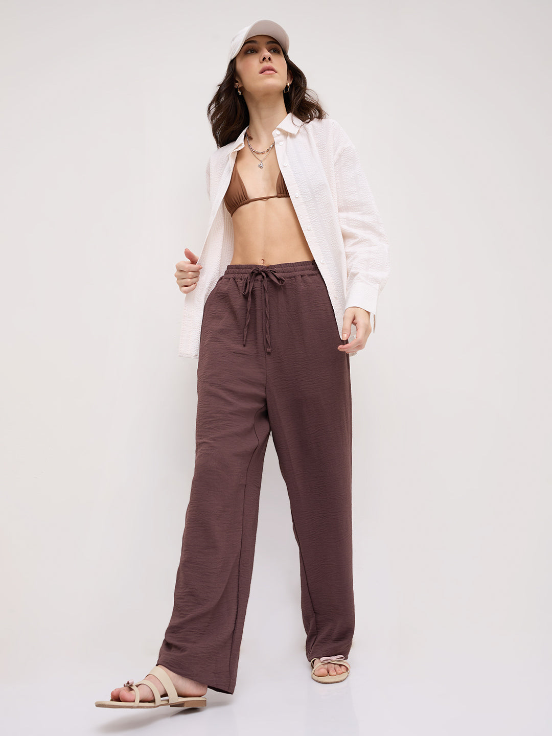 Luxe Warm Brown Crinkled Straight Fit Trousers
