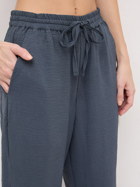 Plush Grey Crinkled Straight Fit Trousers
