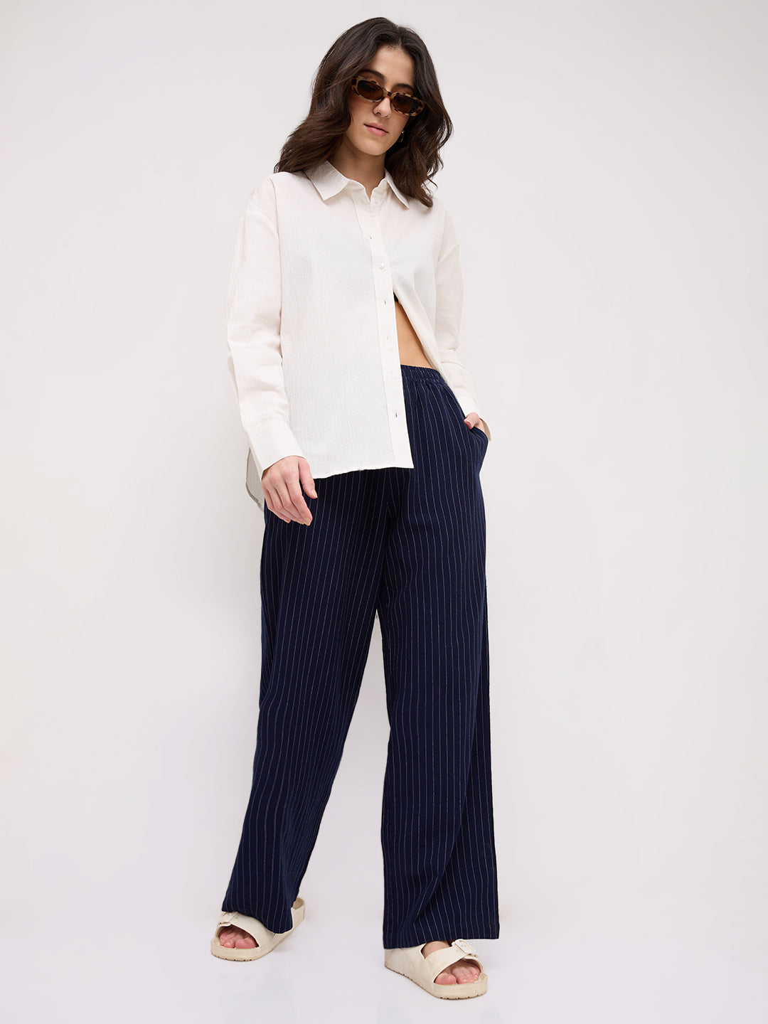 Deep Navy Pin Stripe Wide Leg Trousers