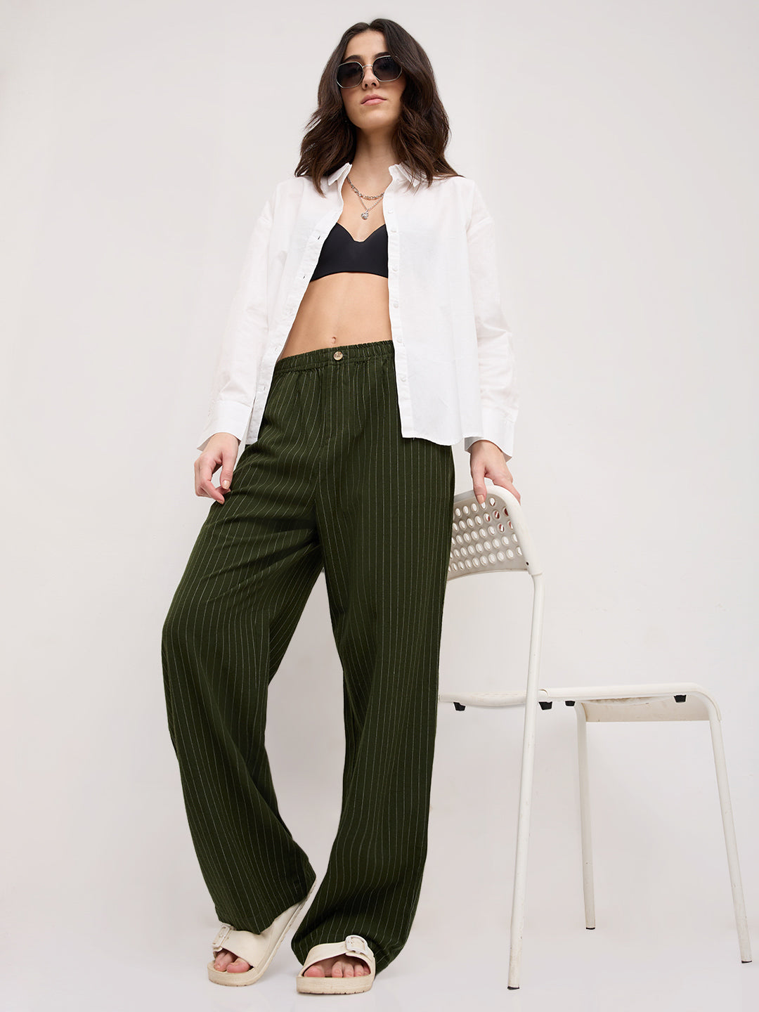 Deep Olive Pin Stripe Wide Leg Trousers