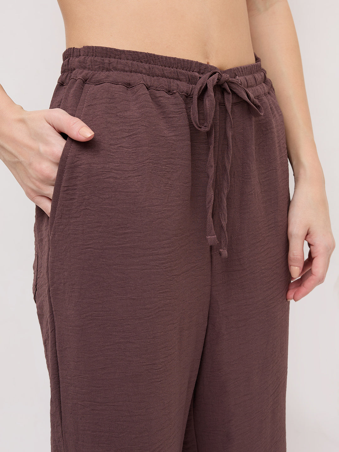 Luxe Warm Brown Crinkled Straight Fit Trousers