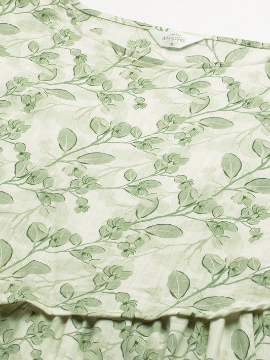 White & Green Leafy Printed Maternity Dress
