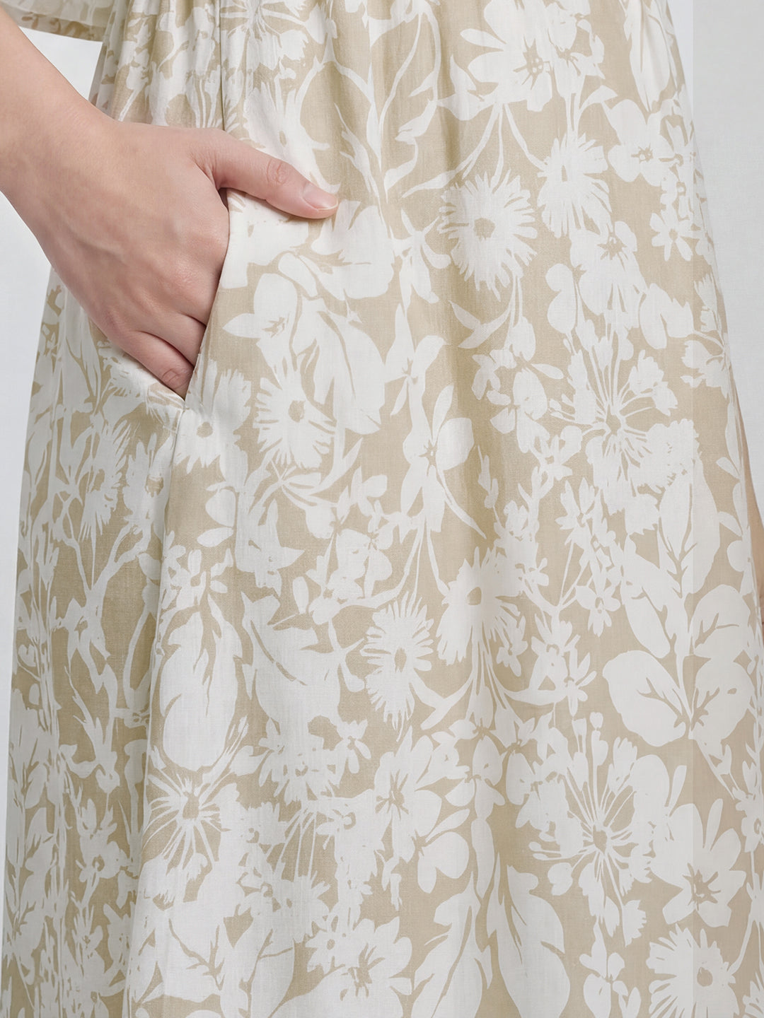 Serene Bloom Beige & White Printed Maternity Dress