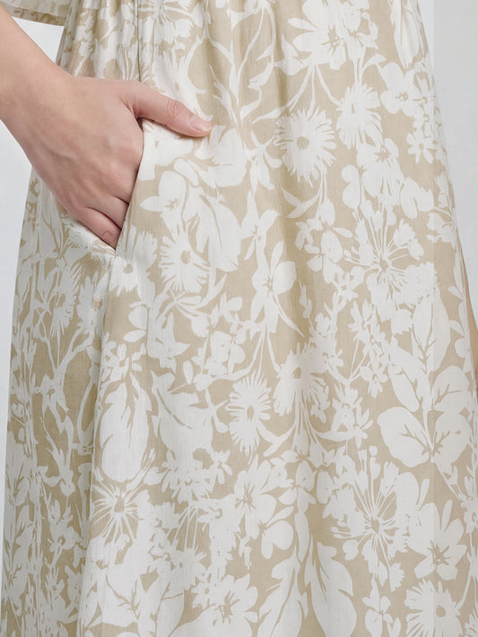 Serene Bloom Beige & White Printed Maternity Dress