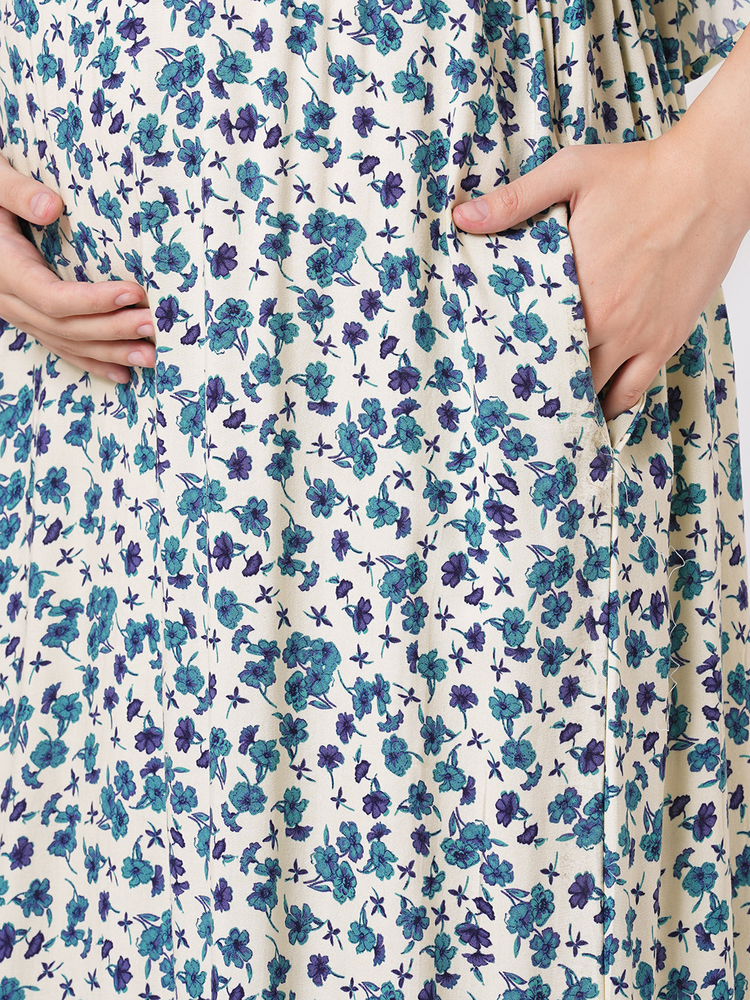 Ivory Vivid Blue Cosmos Floral Printed Maternity Dress