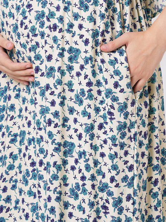 Ivory Vivid Blue Cosmos Floral Printed Maternity Dress