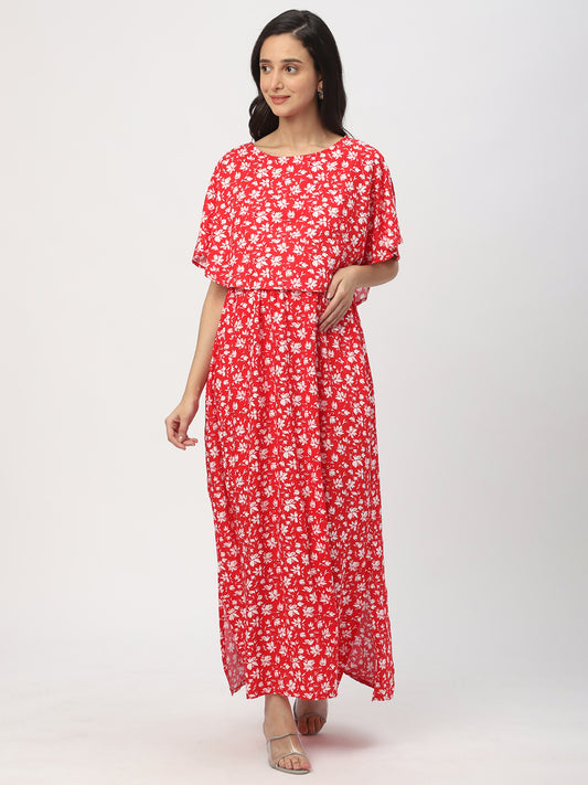 Candy Red Floral Printed Maternity Dress