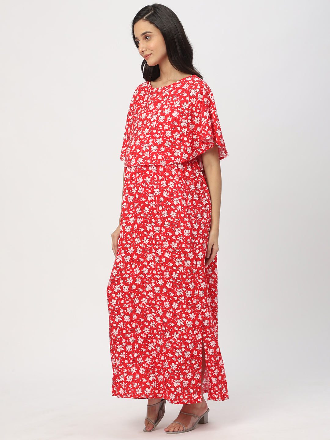 Candy Red Floral Printed Maternity Dress