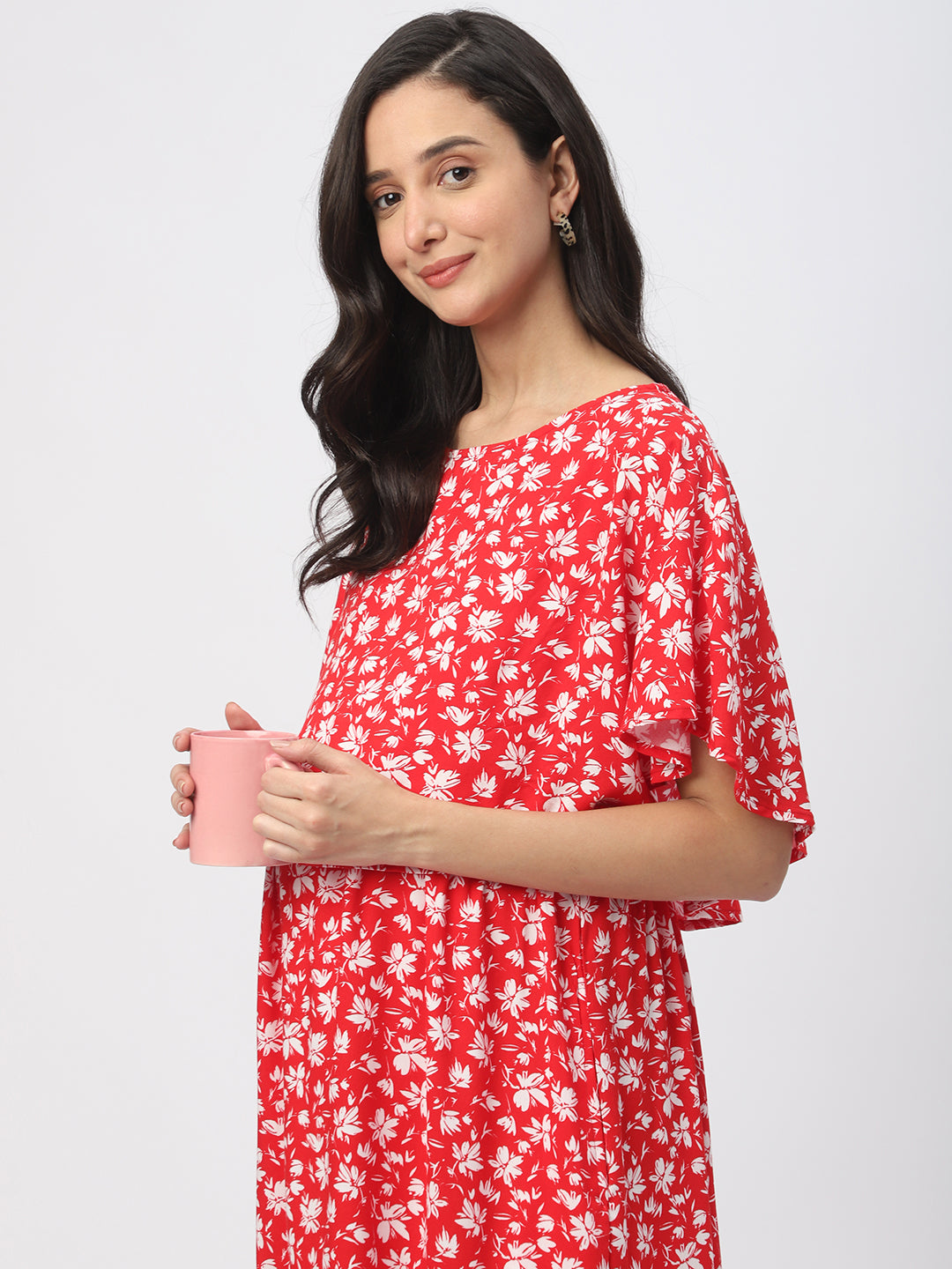 Candy Red Floral Printed Maternity Dress