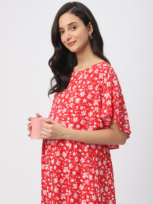 Candy Red Floral Printed Maternity Dress