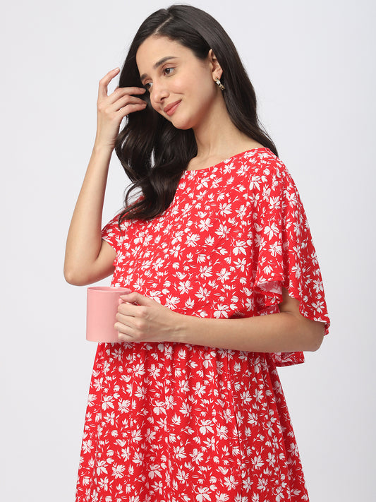 Candy Red Floral Printed Maternity Dress