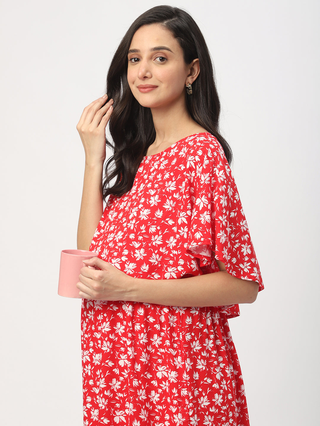 Candy Red Floral Printed Maternity Dress