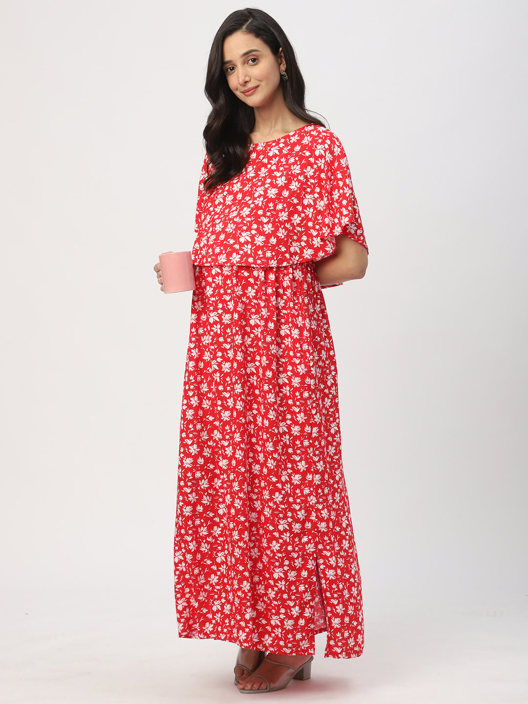 Candy Red Floral Printed Maternity Dress