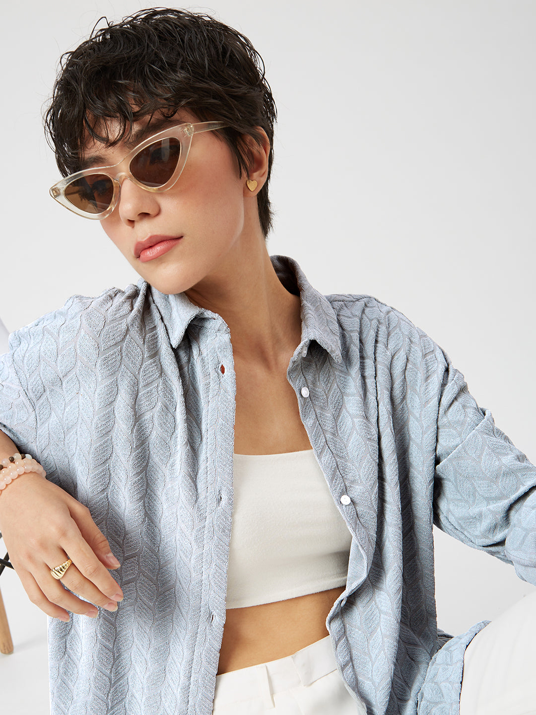 Glacier Grey Leaf Embossed Oversized Shirt