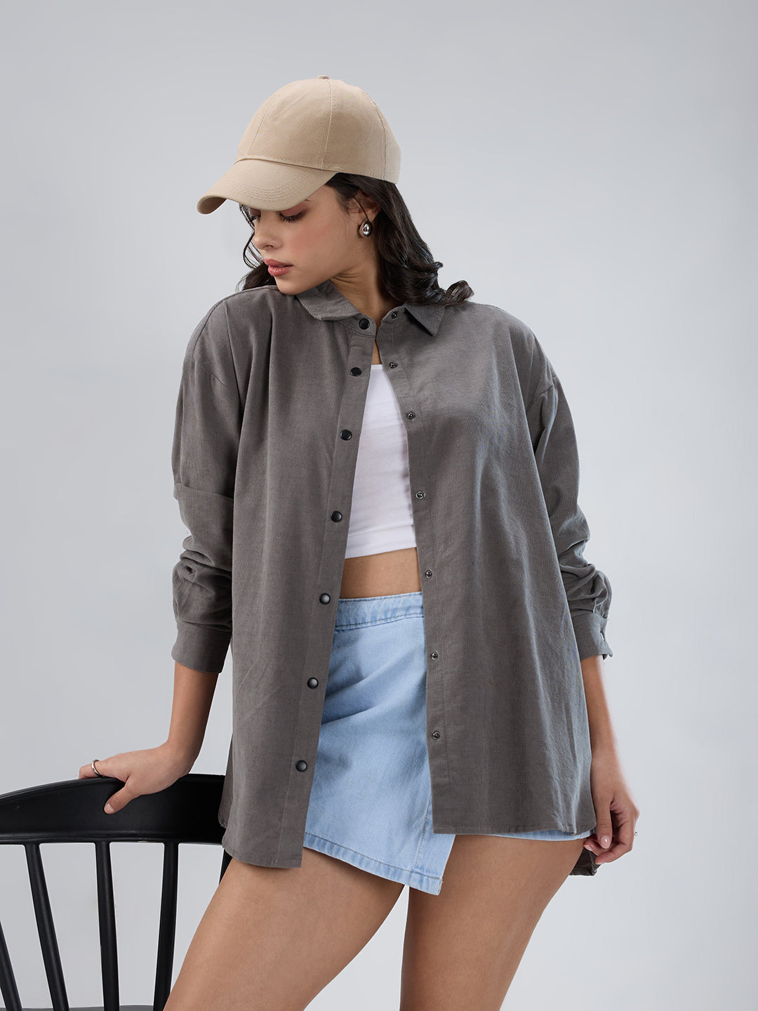 Solid Slate Grey Corduroy Oversized Shirt