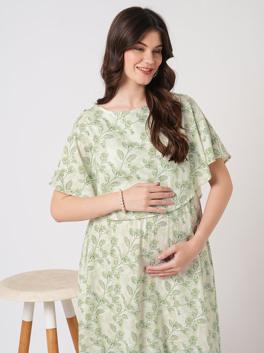 White & Green Leafy Printed Maternity Dress
