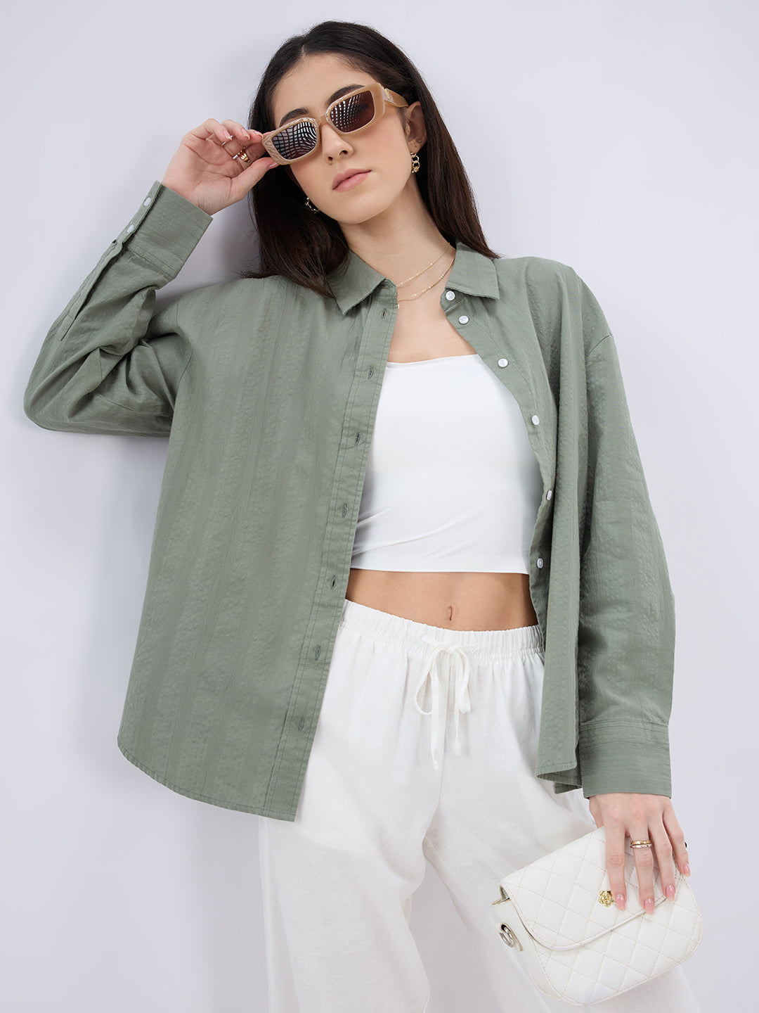 Olive Seersucker Textured Oversized Shirt
