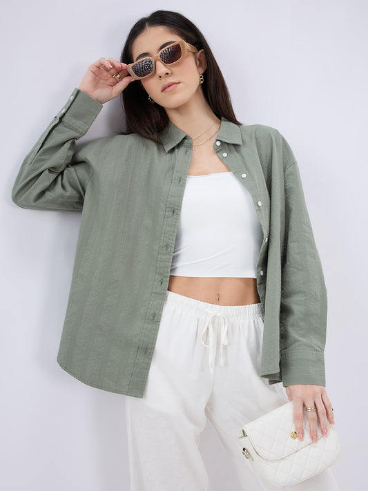 Olive Seersucker Textured Oversized Shirt