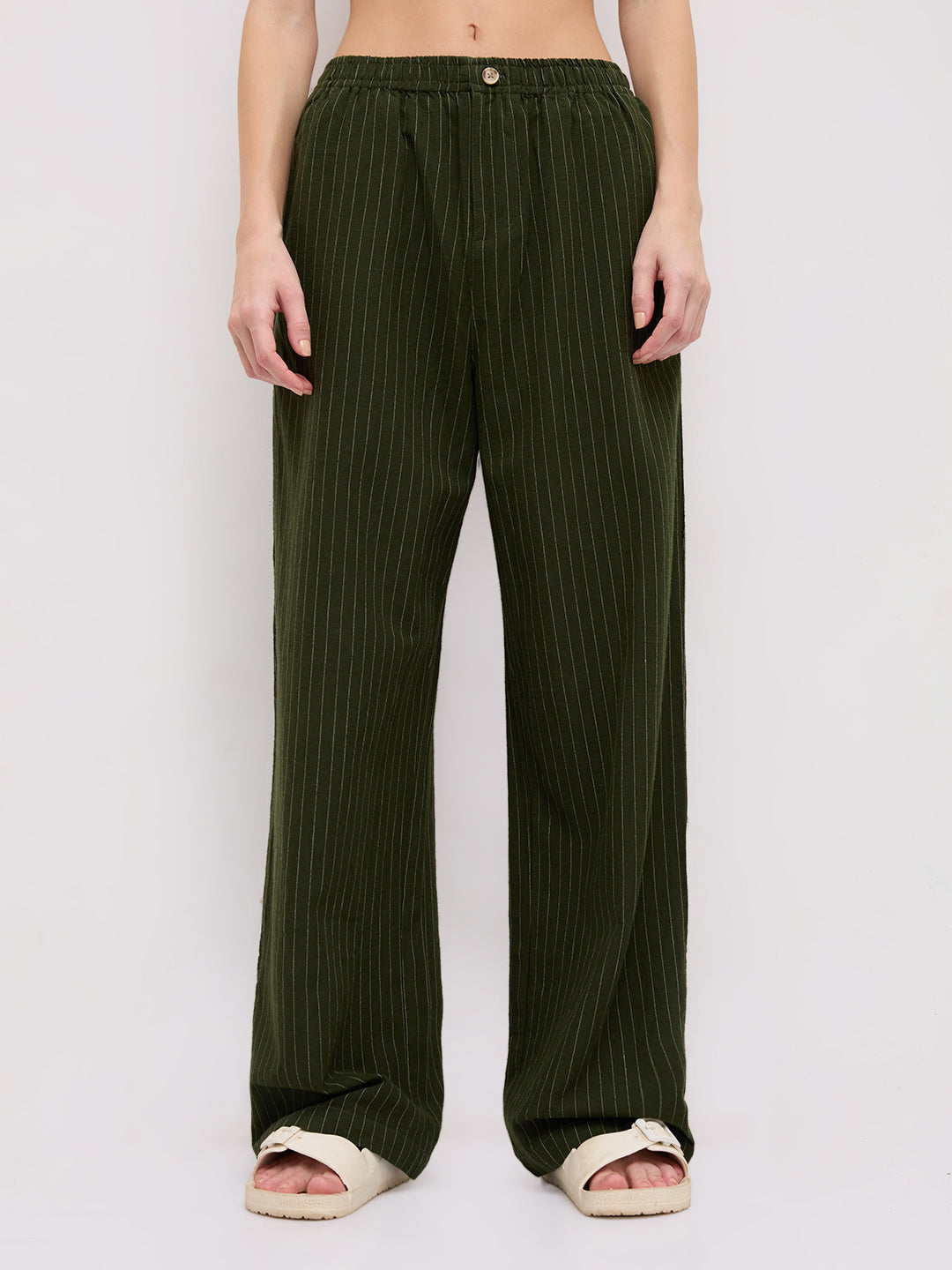 Deep Olive Pin Stripe Wide Leg Trousers