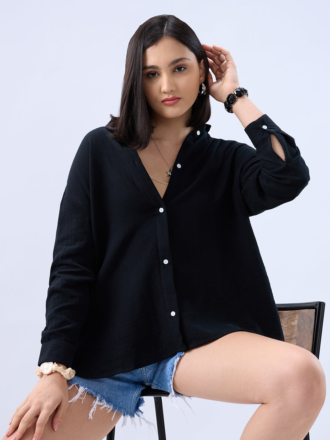 Sable Black Double Cloth Oversized Shirt