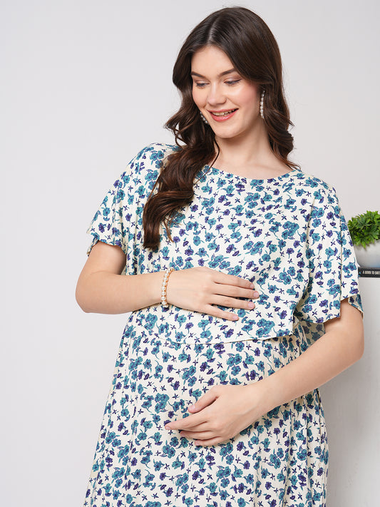 Ivory Vivid Blue Cosmos Floral Printed Maternity Dress
