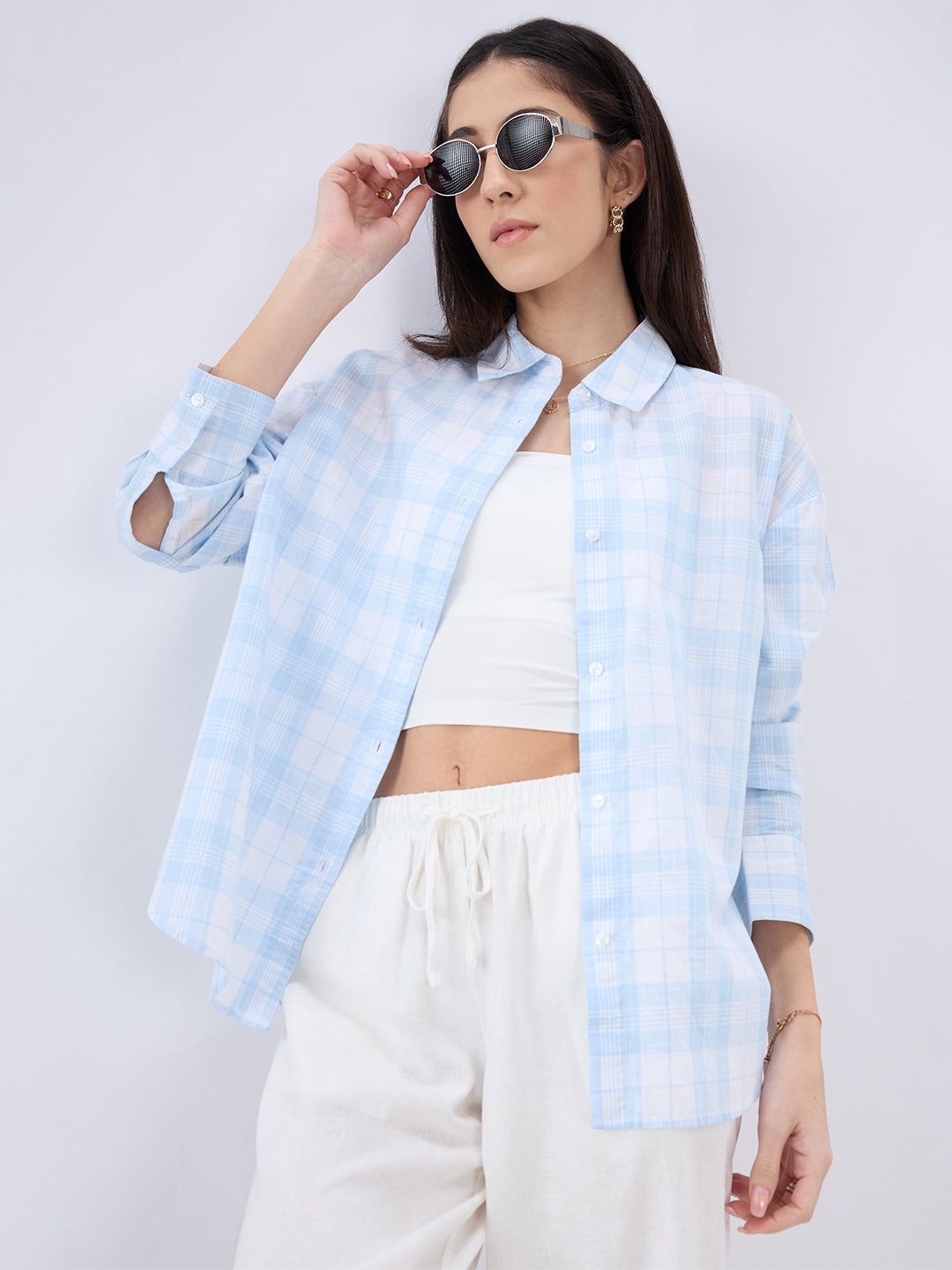 Soft Sky Blue Tartan Checked Oversized Shirt