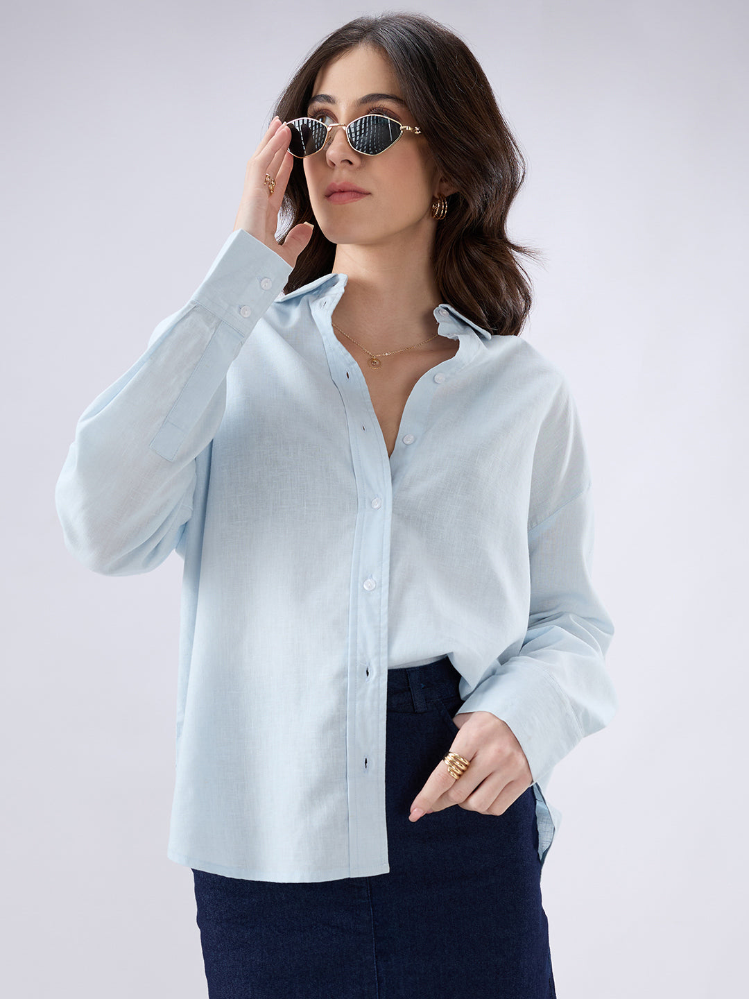 Sea Blue Linen Blend Oversized Shirt