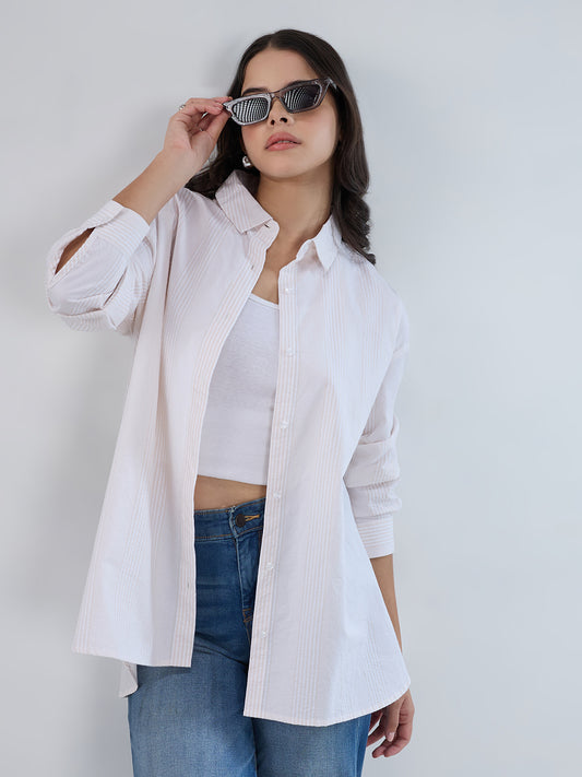 Beige & White Pin Striped Seersucker Oversized Shirt