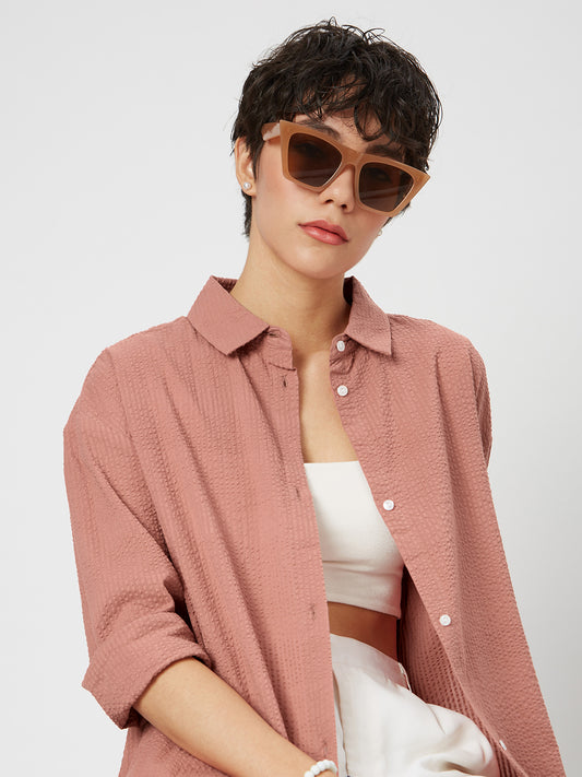 Coral Pink Seersucker Oversized Shirt
