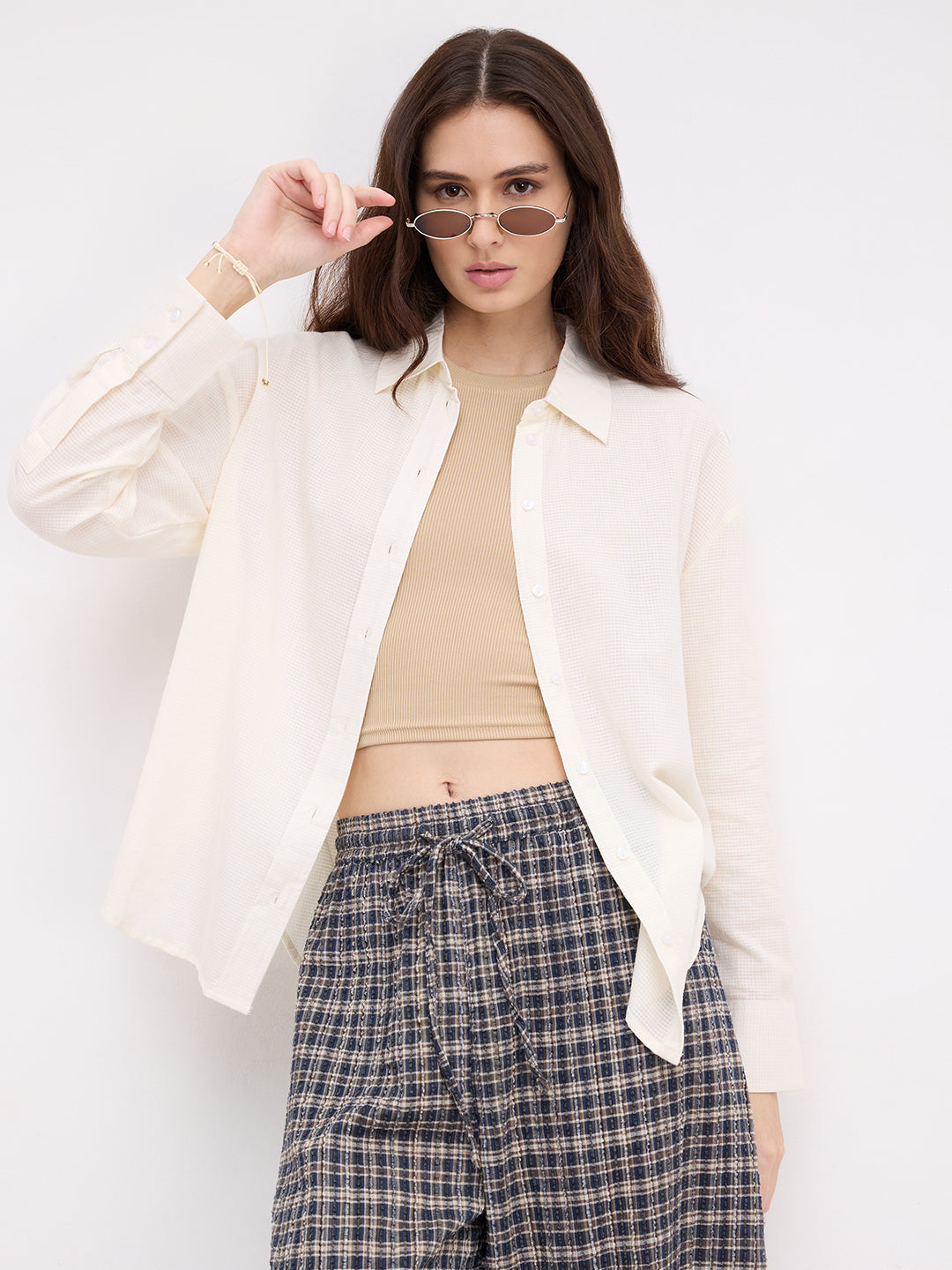 Off White Micro Checked Sheer Textured Oversized Shirt