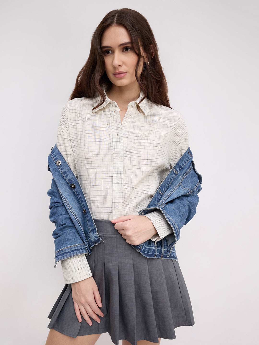 Multicolor Grid Line Printed Oversized Shirt