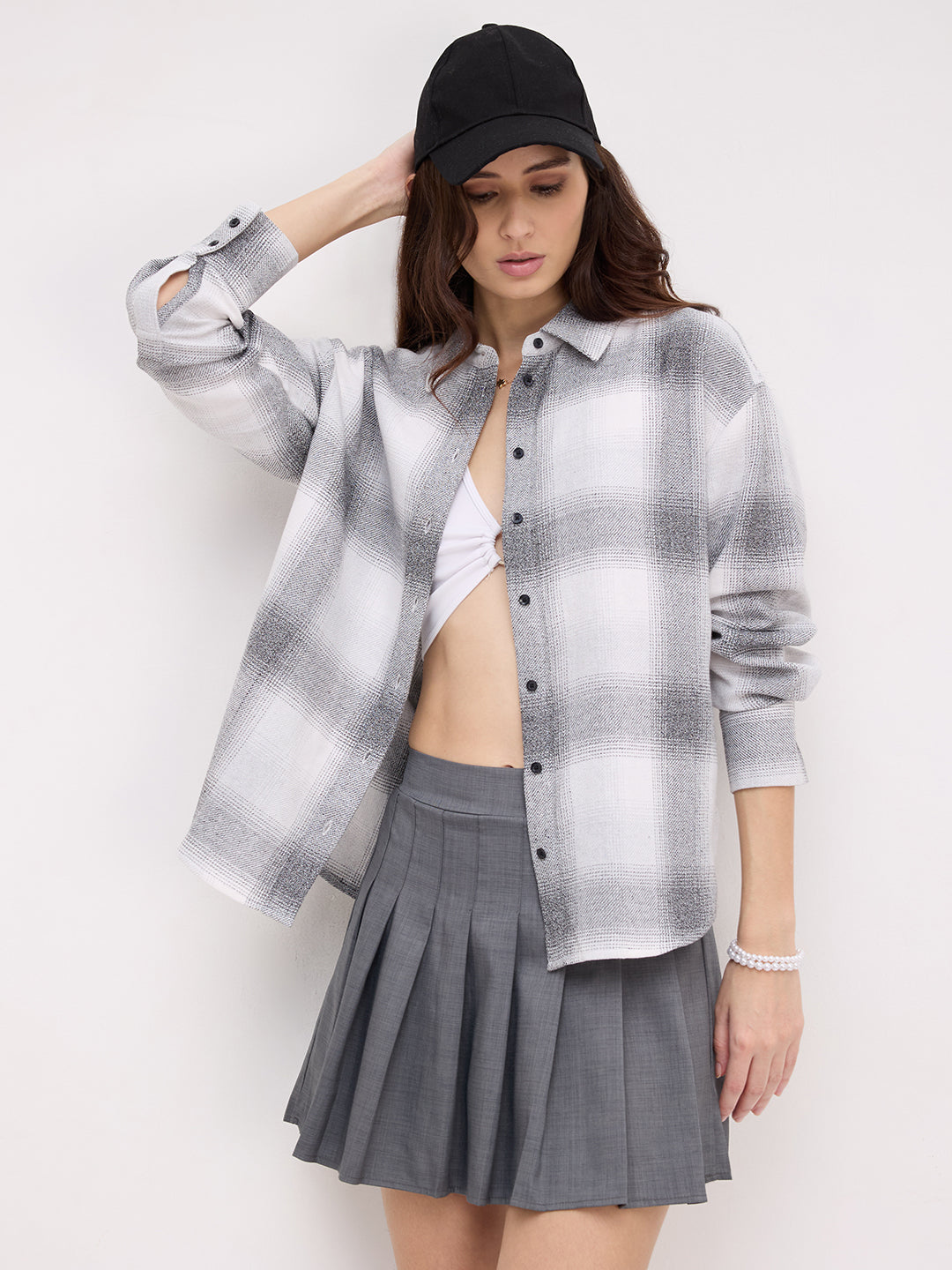 White & Black Fine Weave Broad Checked Oversized Flannel Shirt