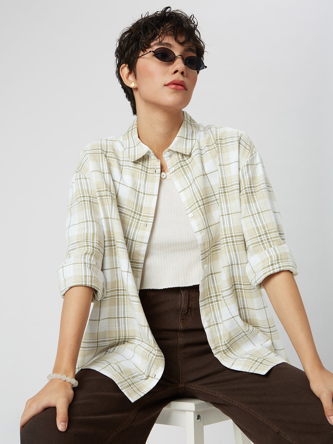 Beige & Olive Tartan Checked Oversized Shirt
