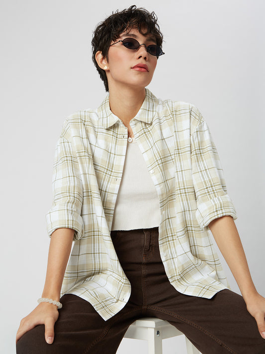 Beige & Olive Tartan Checked Oversized Shirt