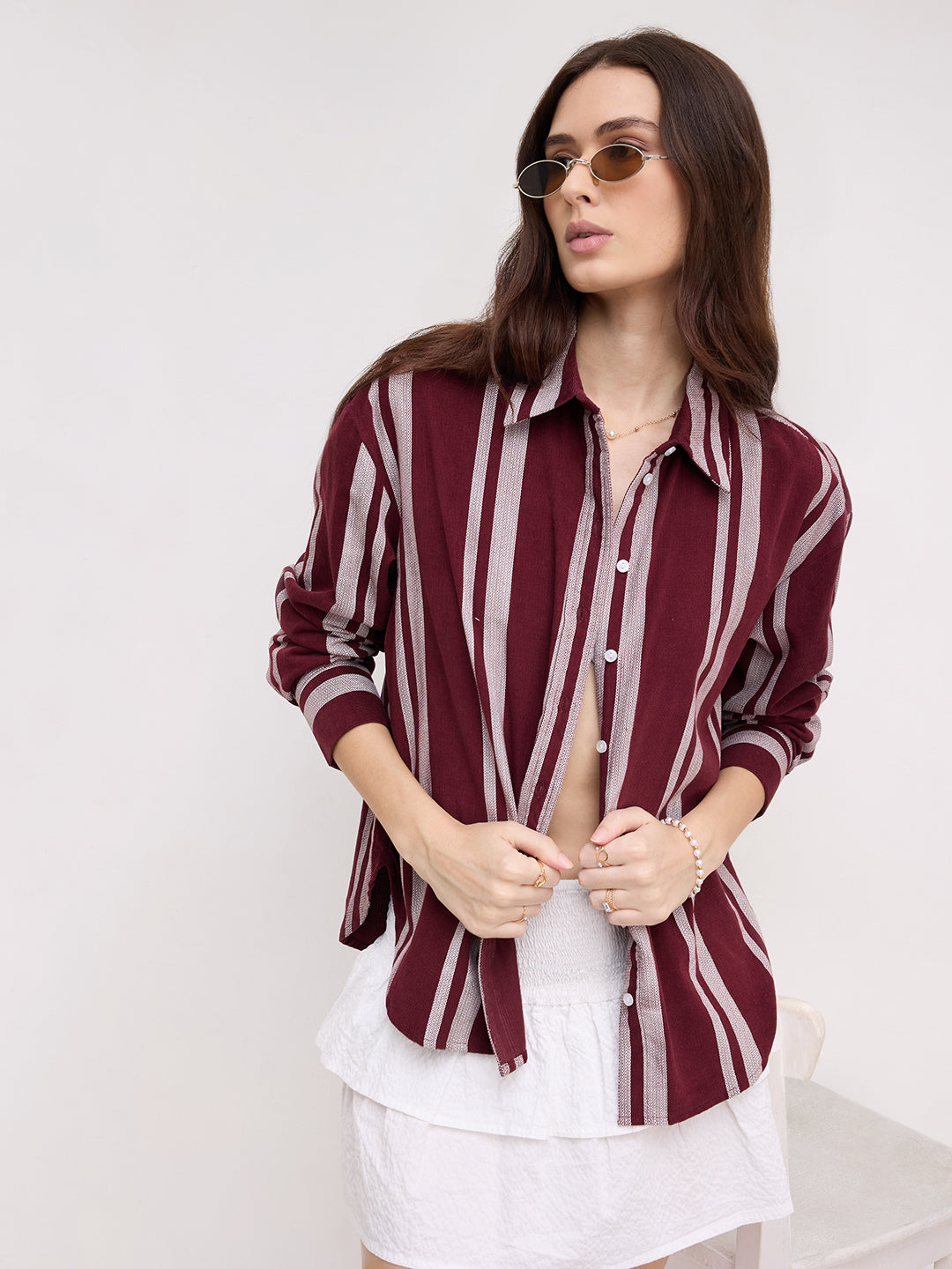 Crimpson Maroon Corduroy Striped Oversized Shirt