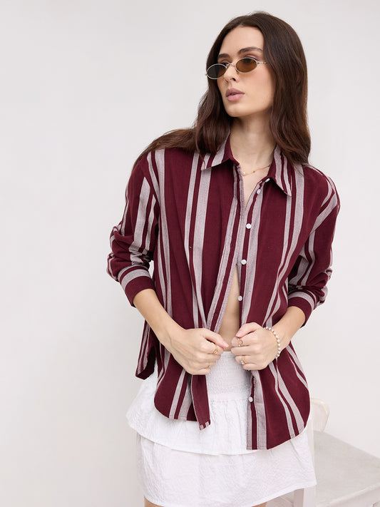Crimpson Maroon Corduroy Striped Oversized Shirt