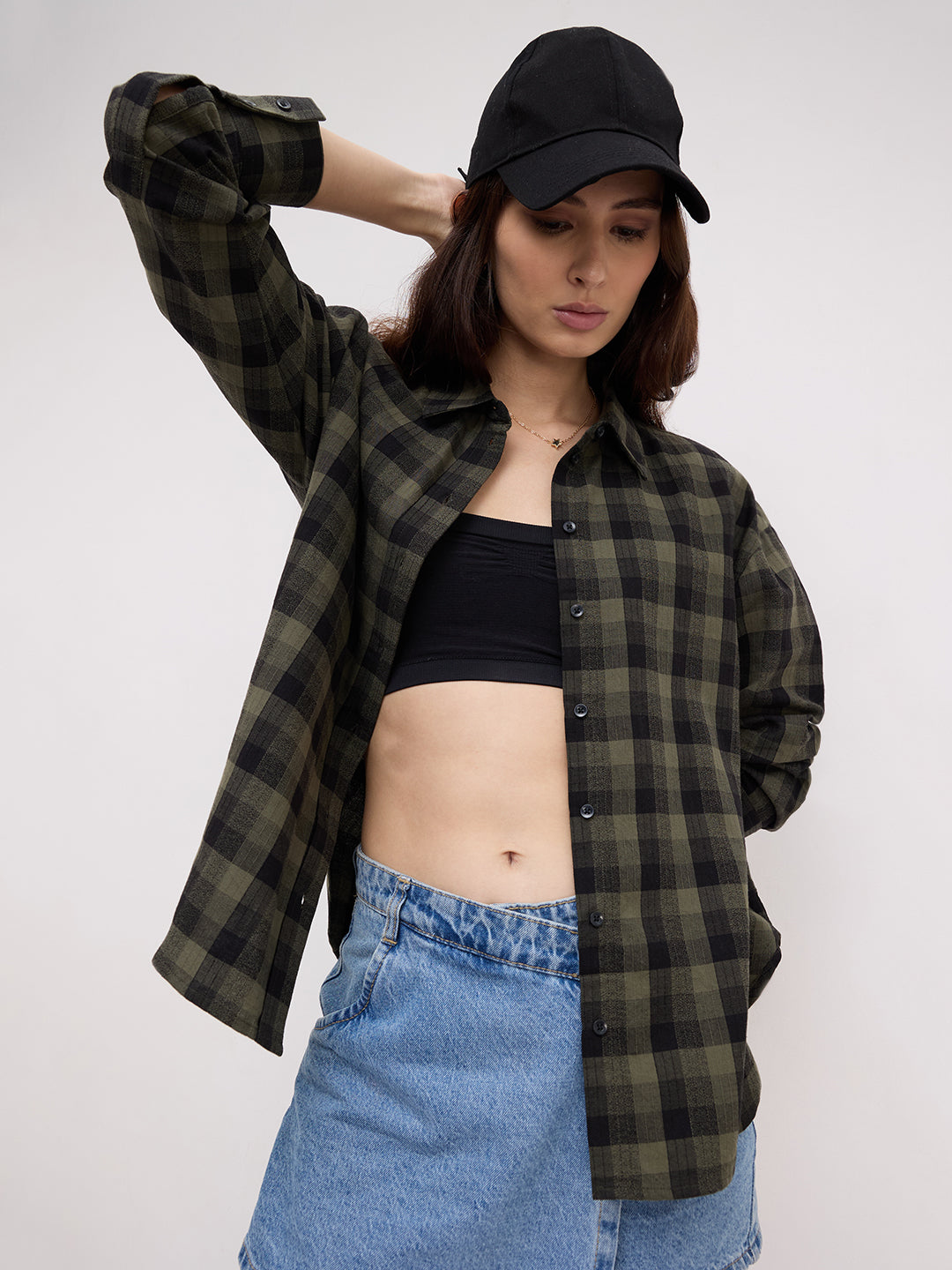 Olive & Black Tartan Checked Textured Oversized Shirt